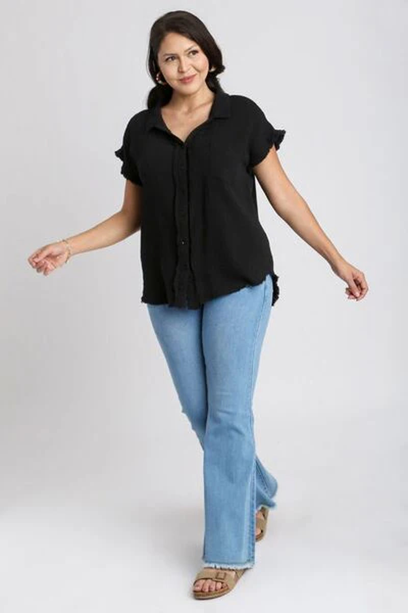 Umgee Full Size Frayed Hem Collared Neck Short Sleeve Shirt plus Size