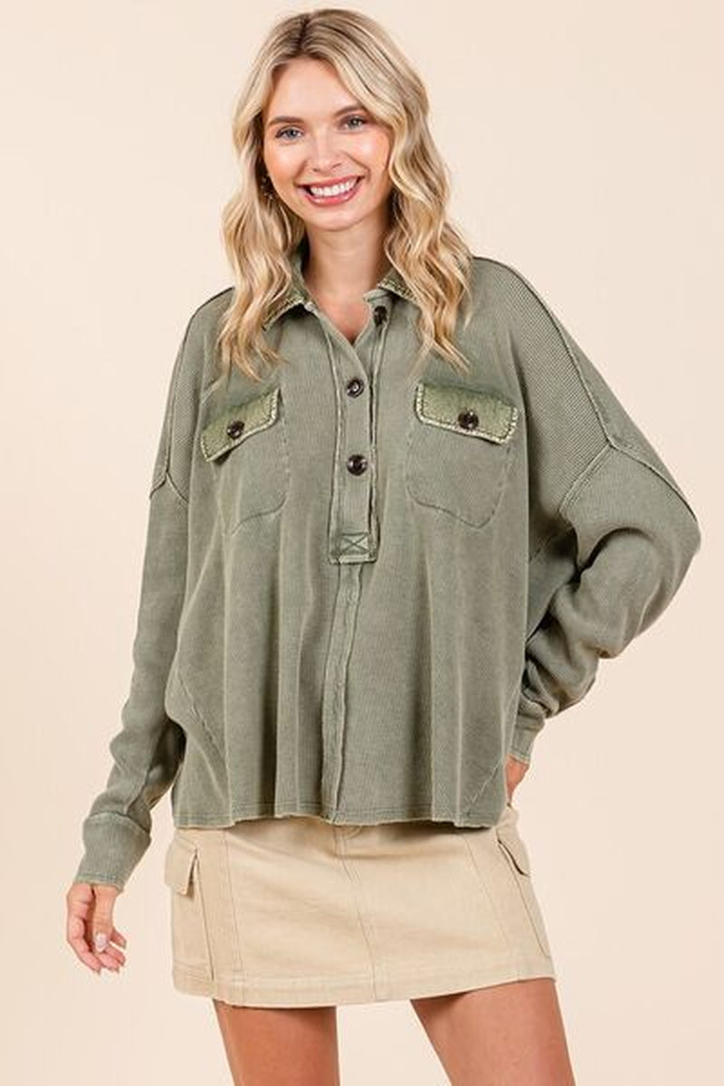 Mittoshop Mineral Wash Waffle Knit Collared Neck Henley Top