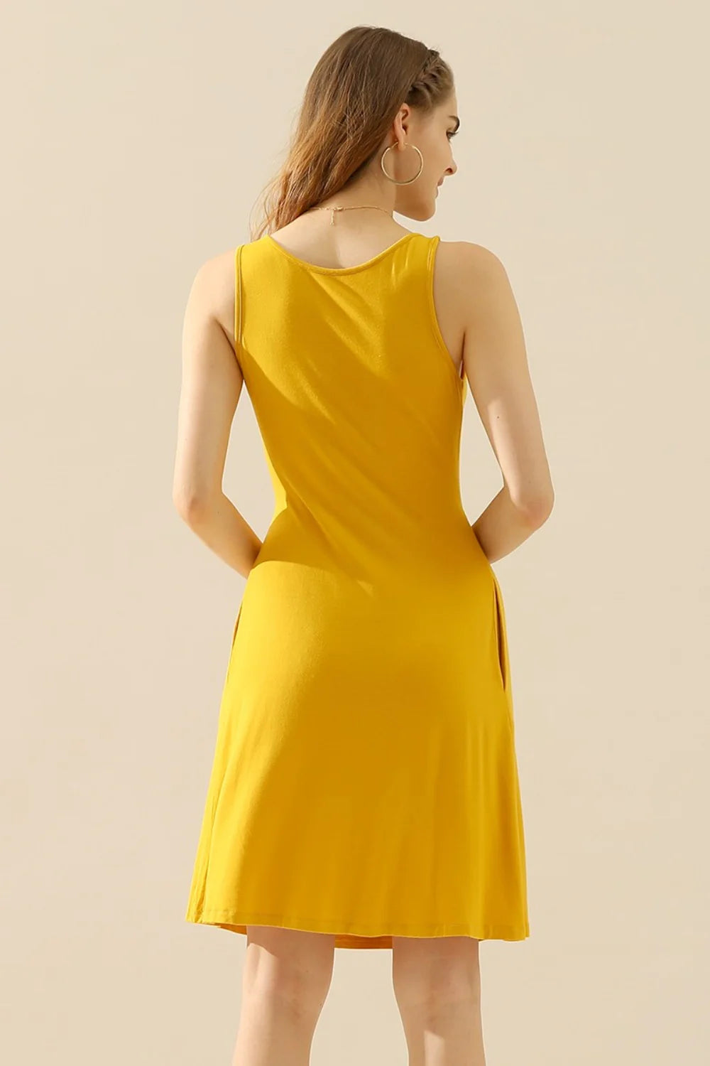 Doublju Full Size round Neck Ruched Sleeveless Dress with Pockets