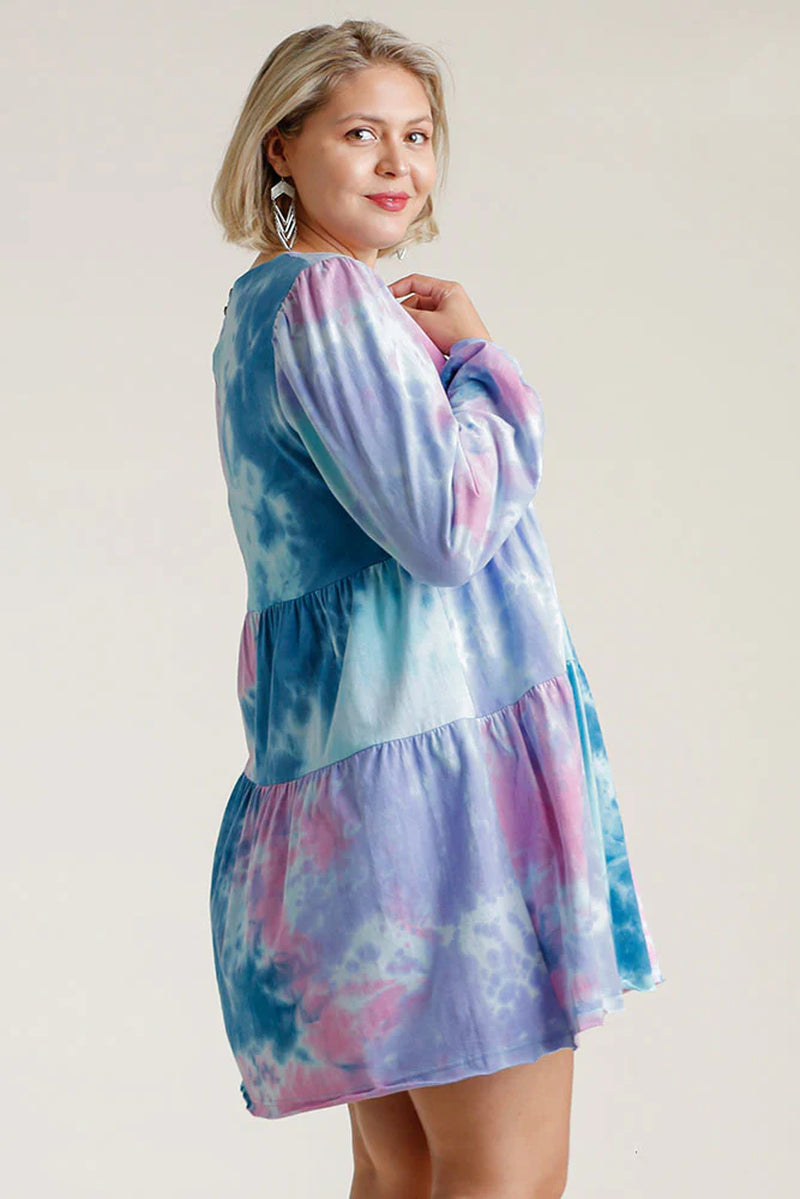 Umgee Full Size Tie Dye round Neck Long Sleeve Babydoll Tiered Dress plus Size