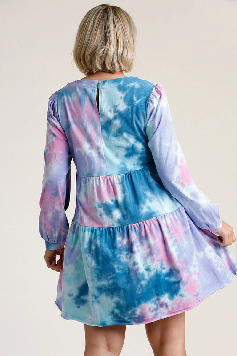 Umgee Full Size Tie Dye round Neck Long Sleeve Babydoll Tiered Dress plus Size
