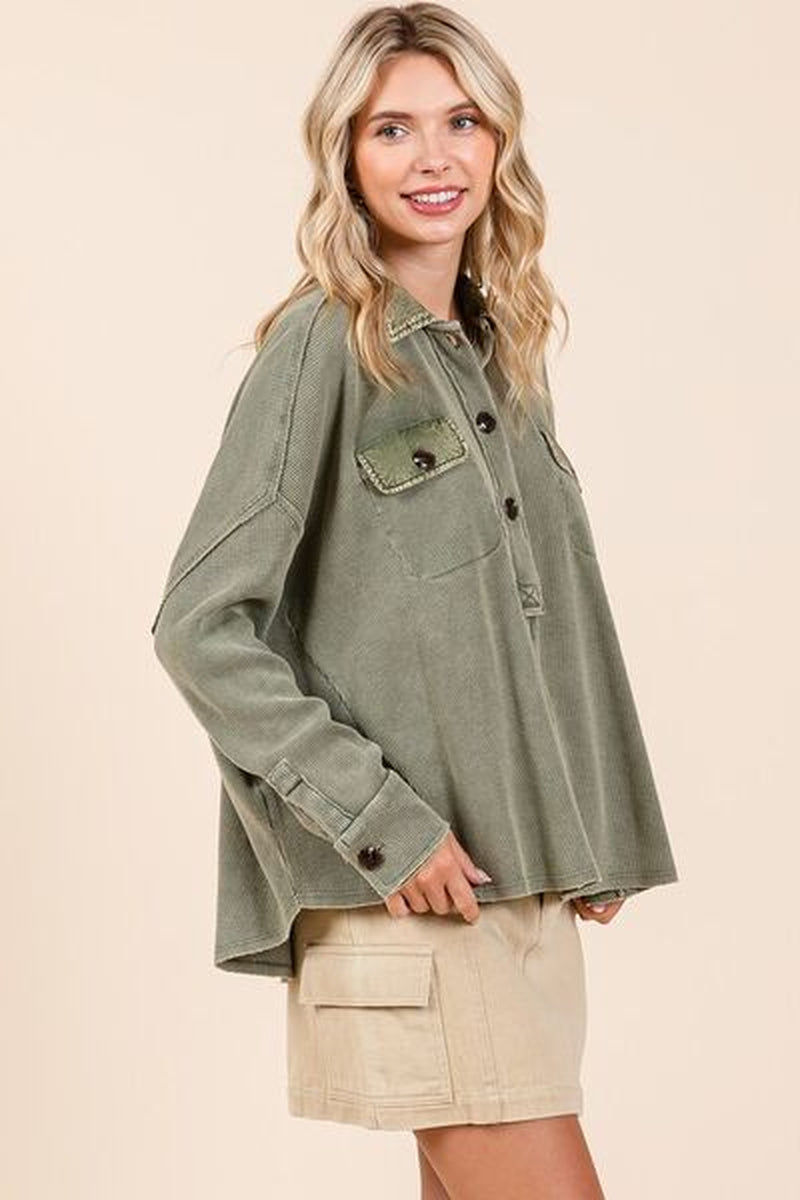 Mittoshop Mineral Wash Waffle Knit Collared Neck Henley Top