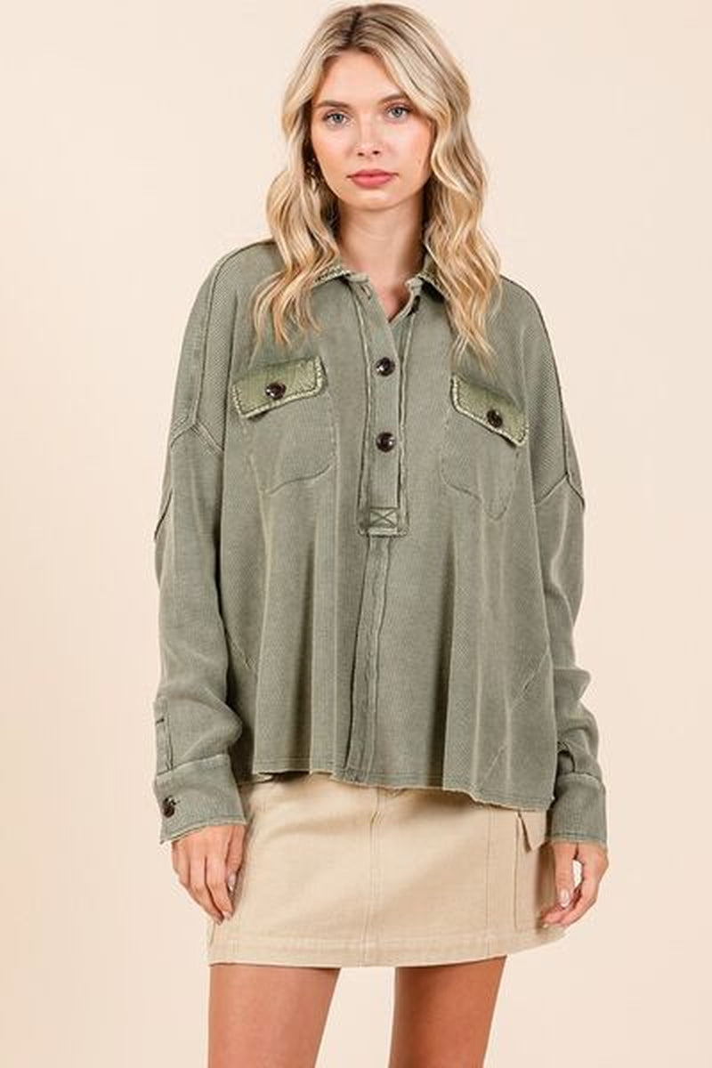 Mittoshop Mineral Wash Waffle Knit Collared Neck Henley Top