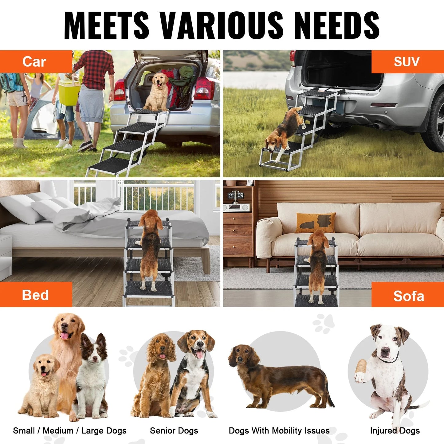 VEVOR Dog Stair for Cars 4-Step Folding Dog Steps Aluminum Loads up to 150 Lbs