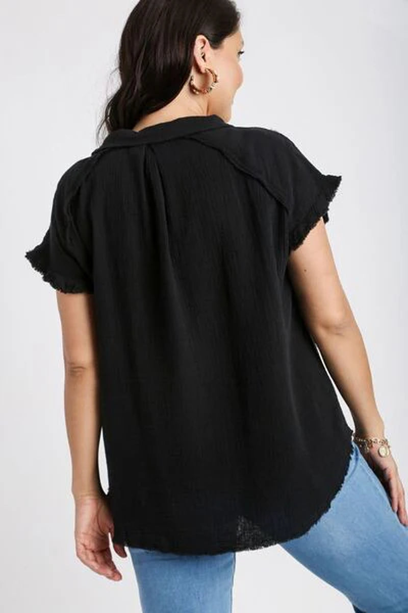 Umgee Full Size Frayed Hem Collared Neck Short Sleeve Shirt plus Size