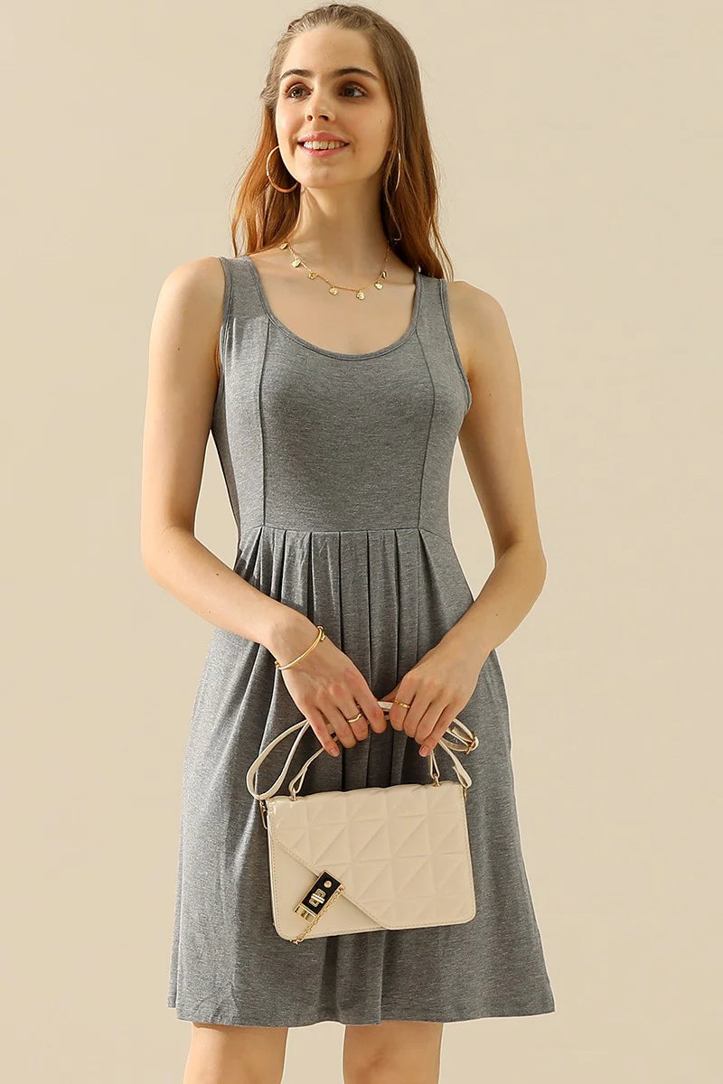 Doublju Full Size round Neck Ruched Sleeveless Dress with Pockets