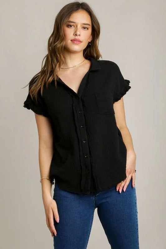 Umgee Full Size Frayed Hem Collared Neck Short Sleeve Shirt plus Size