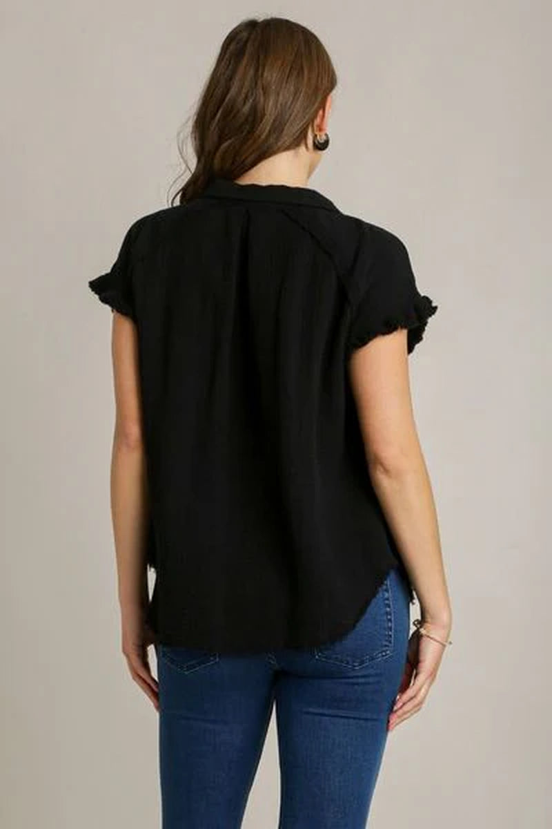 Umgee Full Size Frayed Hem Collared Neck Short Sleeve Shirt plus Size