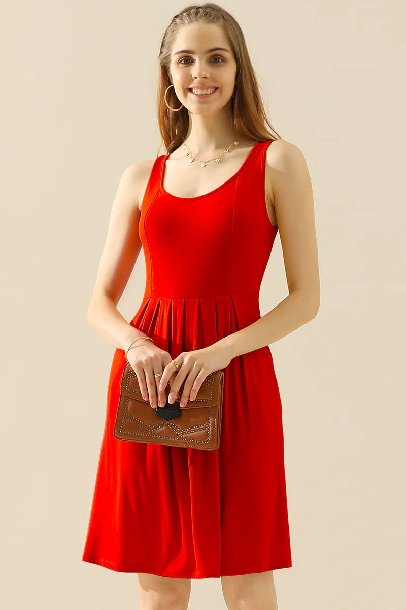 Doublju Full Size round Neck Ruched Sleeveless Dress with Pockets