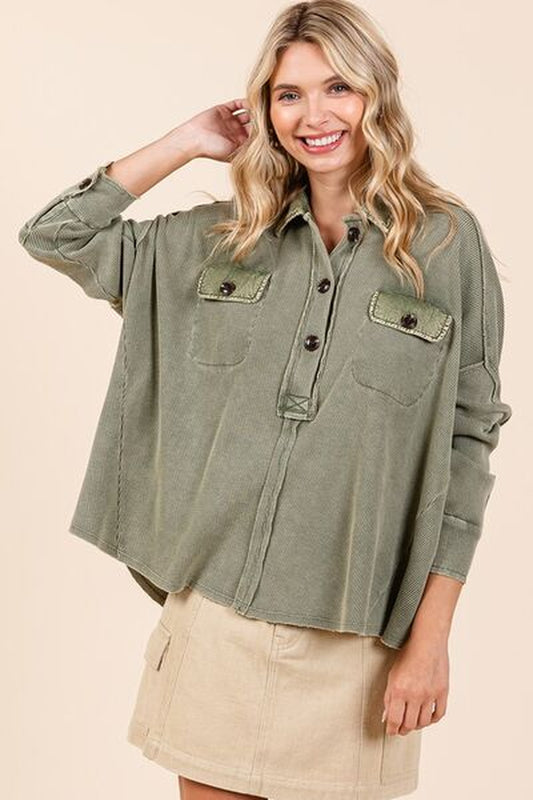 Mittoshop Mineral Wash Waffle Knit Collared Neck Henley Top