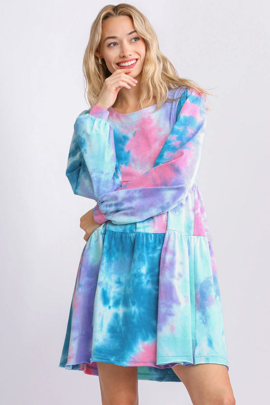 Umgee Full Size Tie Dye round Neck Long Sleeve Babydoll Tiered Dress plus Size